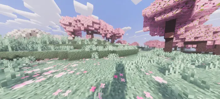 Soft pink trees and lush grass in sunlight