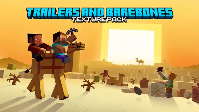 Blocky characters ride camels at sunset