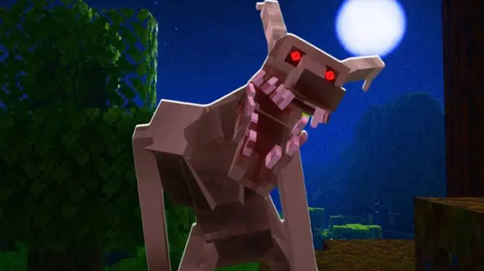 Blocky Goatman creature with glowing red eyes