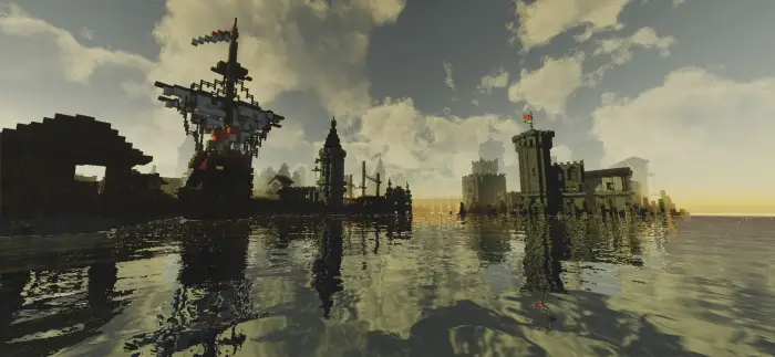 Castle and ship reflected on vibrant water