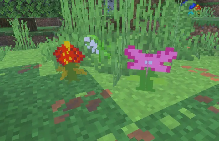 Pixelated fictional flowers on grassy terrain