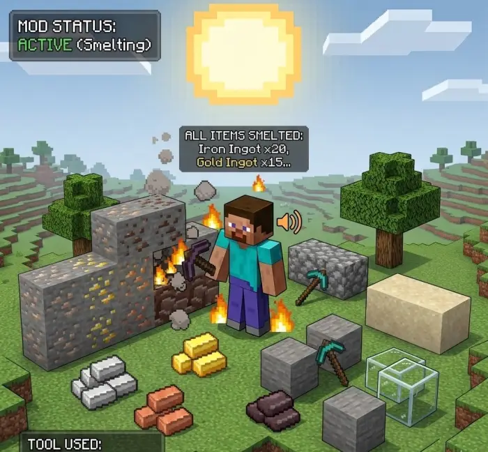 Character auto-smelts ores when mined.