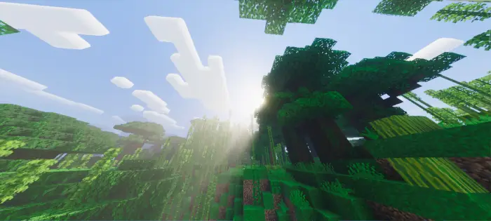Sunlight streaming through lush blocky trees