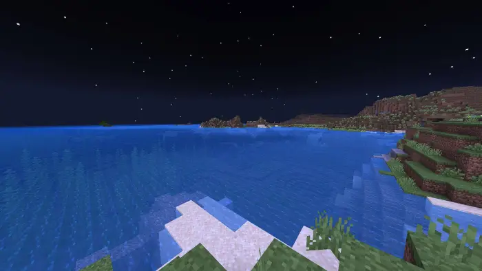 Bright night landscape with clear water.