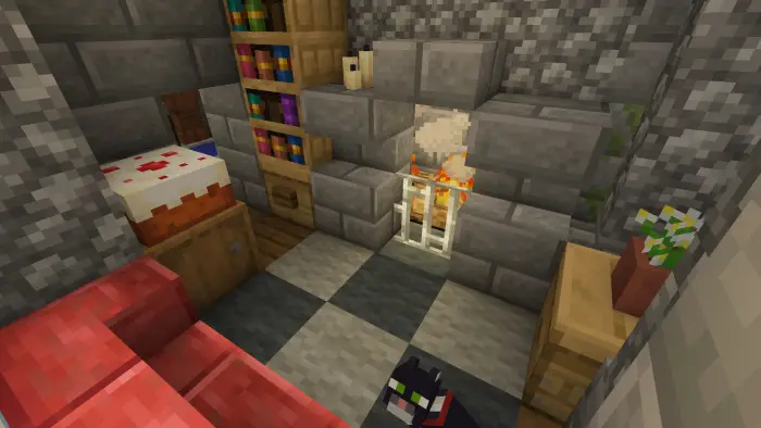 Cozy stone-walled room with fireplace and cat