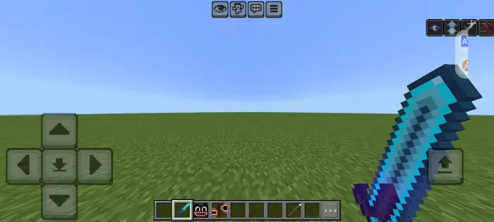 Player holds sword in grassy open world