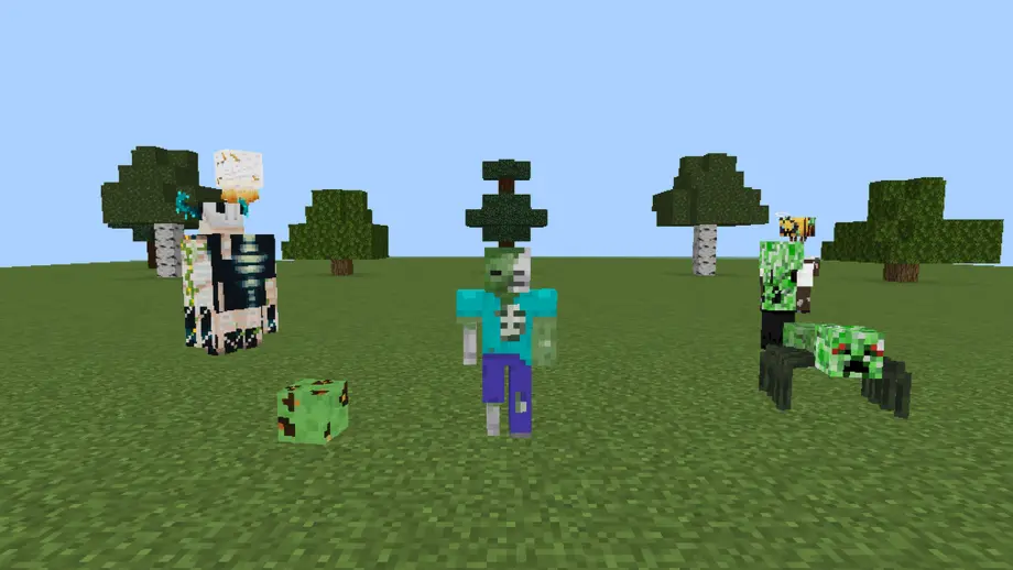 Eight Hybrid Mobs Lite creatures photographed in Minecraft Bedrock