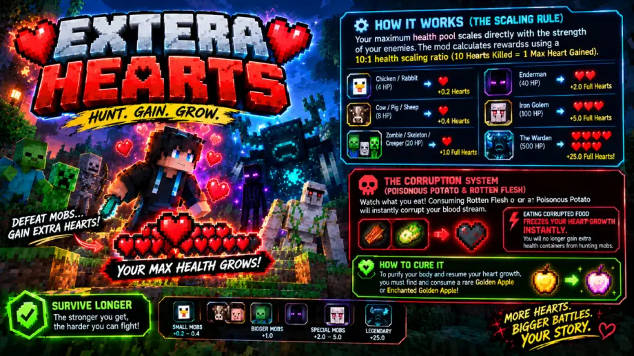 Thumbnail: Extra hearts:Gain permanent extra hearts based on the max health of the mobs you hunt down and destroy!