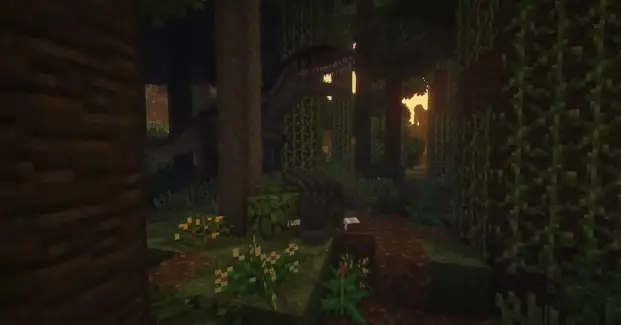 Dinosaur lurking in a dense jungle at sunset