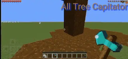 Player holding axe near large tree trunk