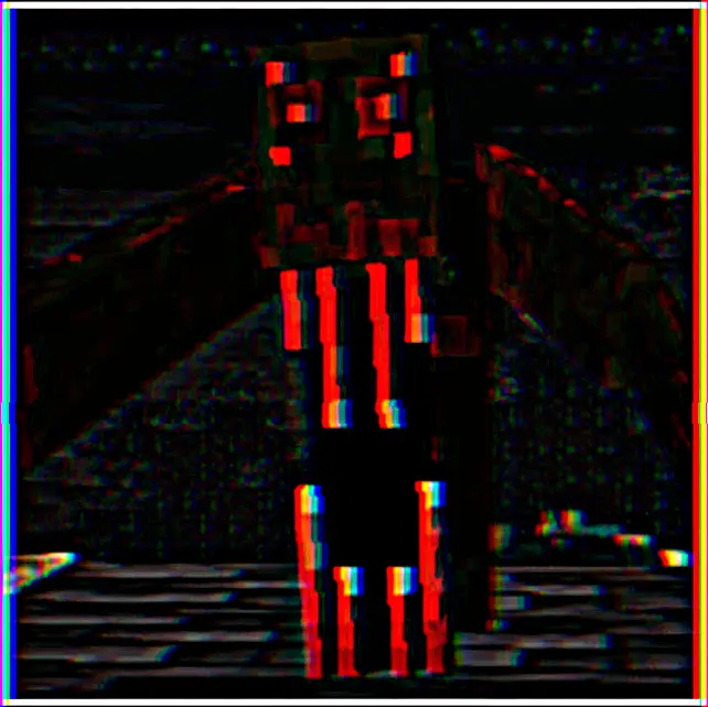 Glitchy red-eyed hatchling mob in darkness