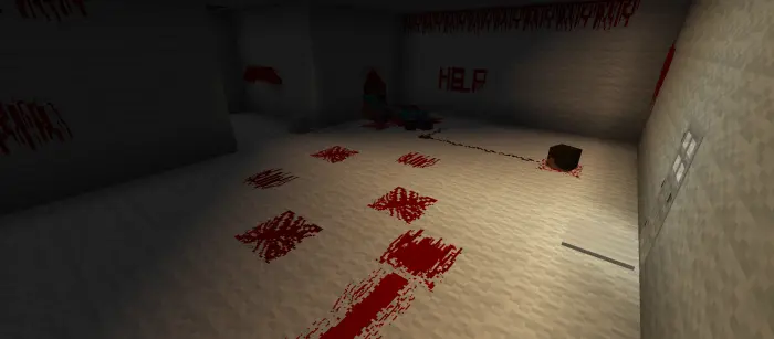 Bloody room with HELP written on wall