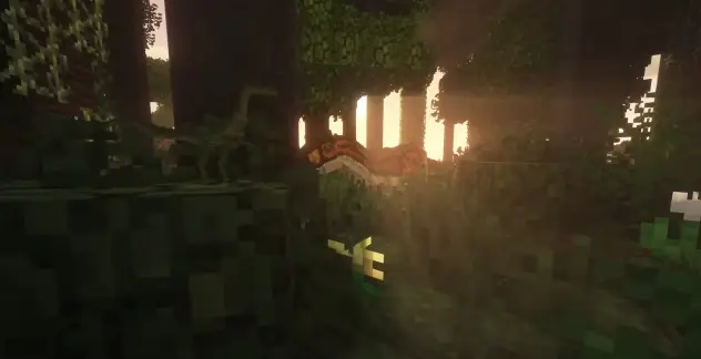 Blocky dinosaurs in a dense, sunlit jungle