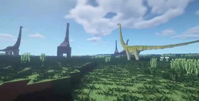Blocky sauropod dinosaurs in a grassy field