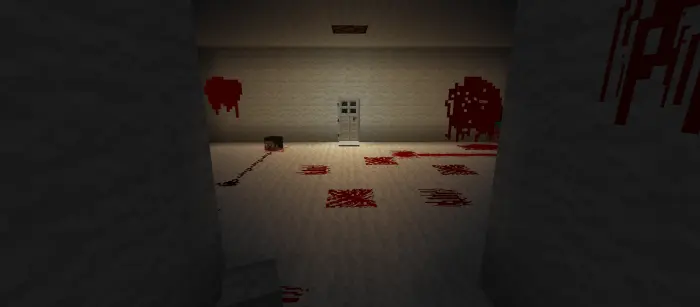Blood-stained room with iron door and box