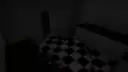Dark, eerie room with checkered floor tiles.