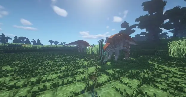 Blocky dinosaurs roam a grassy landscape.