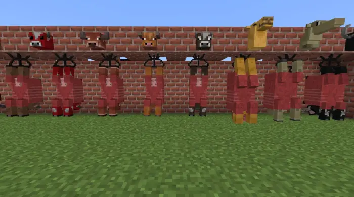 Animal carcasses hanging in a row