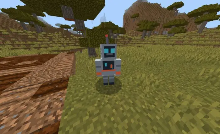 Blocky farm robot standing on grassy field