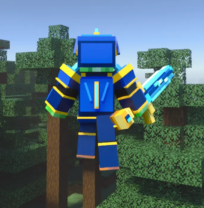 Player in royal blue armor with lightning sword