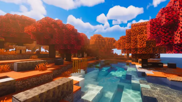 Autumn forest with bright sunlit water
