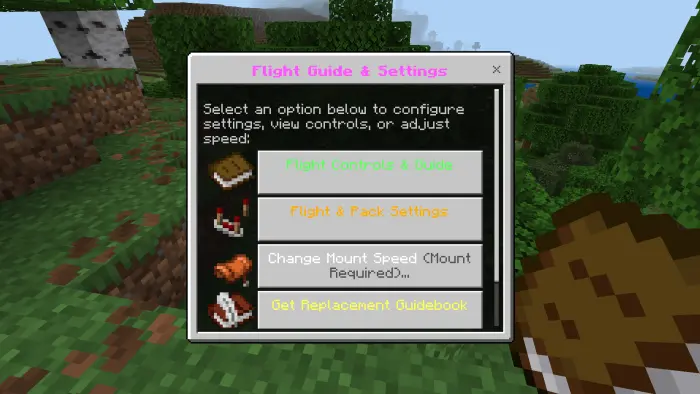 Flight settings menu with guide options