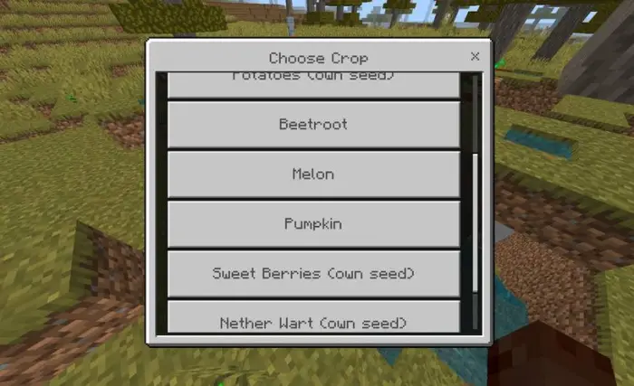 Crop selection menu for farm robot mod