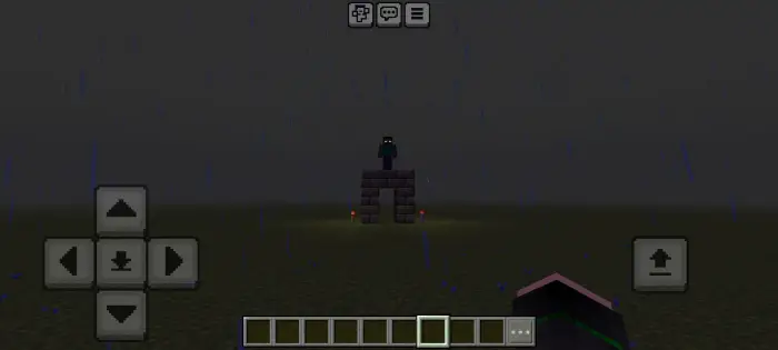 Dark figure stands on stone altar in the rain.