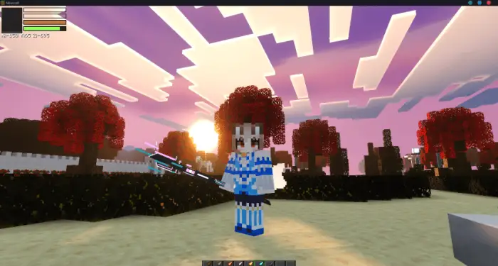 Character holding a glowing blue spear at sunset