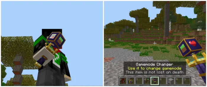 1. Character holding a colorful wand 2. Wand interface with gamemode changer text
