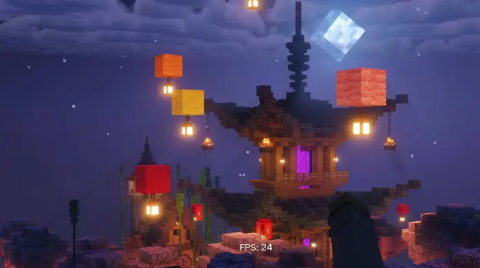 Pagoda with glowing lanterns at night