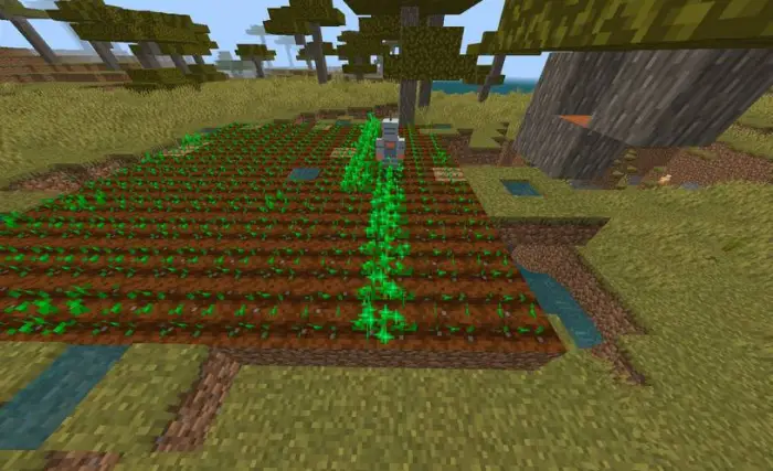 Robot tending crops in a blocky farm field