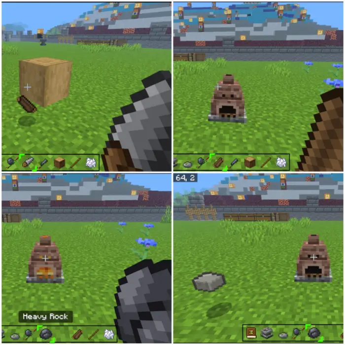 1. Using flint axe on a log block 2. Player facing a clay furnace 3. Furnace burning with heavy rock selected 4. Smelted item