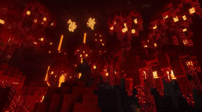 Glowing red cavern with warm, fiery lighting