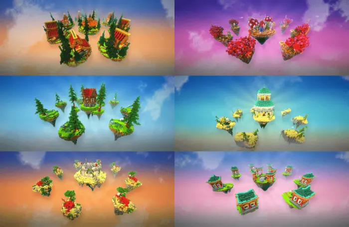 Six vibrant floating-island battle arenas