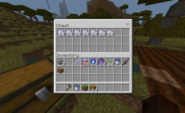 Chest with bonemeal and farming tools displayed