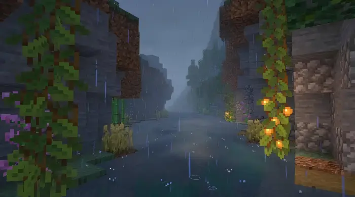 Moody rain over a vibrant, blocky river.