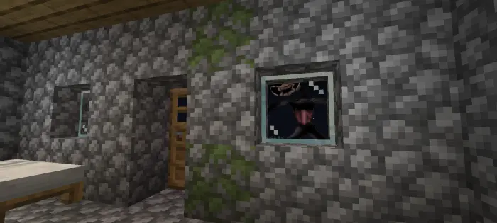 Shadowy creature watches through window.