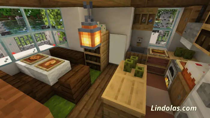 Cozy elven house kitchen with table and oven