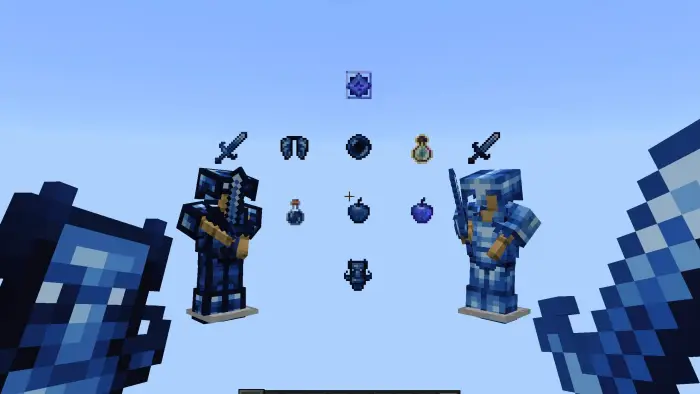 Two blue armored figures with custom items