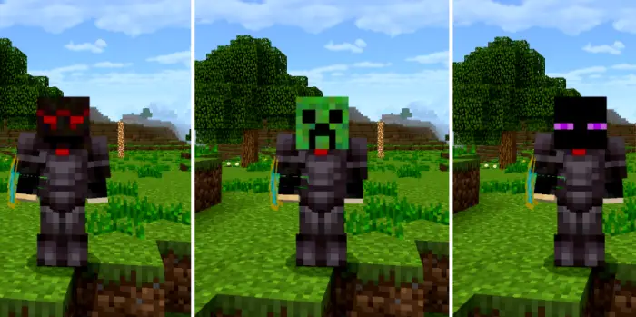 1. Player with spider head mask 2. Player with creeper head mask 3. Player with enderman head mask
