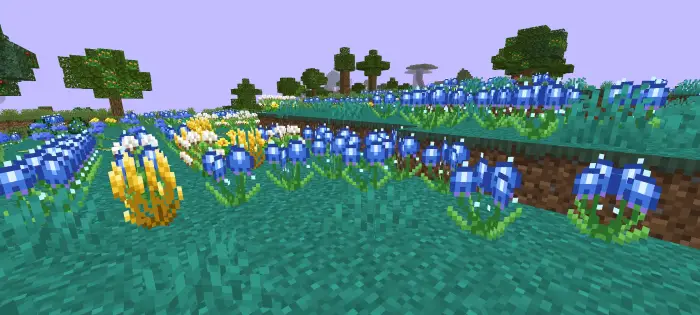 Blue and yellow flowers in pixelated biome