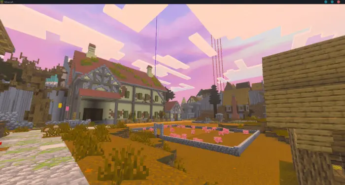 Warm purple sky over stylized village scene