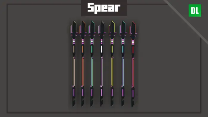 Futuristic spears with neon accents displayed