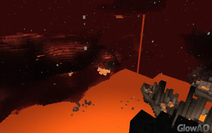 Glowing lava and terrain in dark cavern