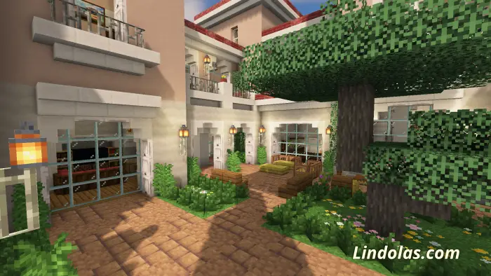 Spacious villa courtyard with trees and seating