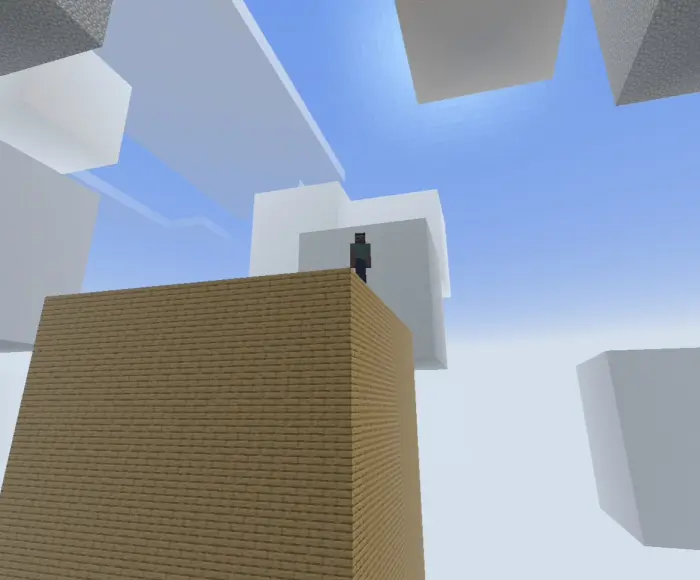 Blocky figure stands on a tall structure.