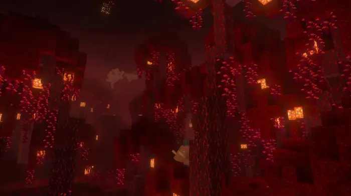 Moody red forest with glowing lanterns