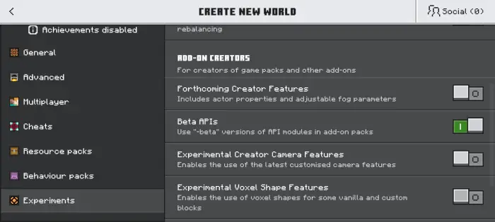 Experiments settings menu with Beta APIs on