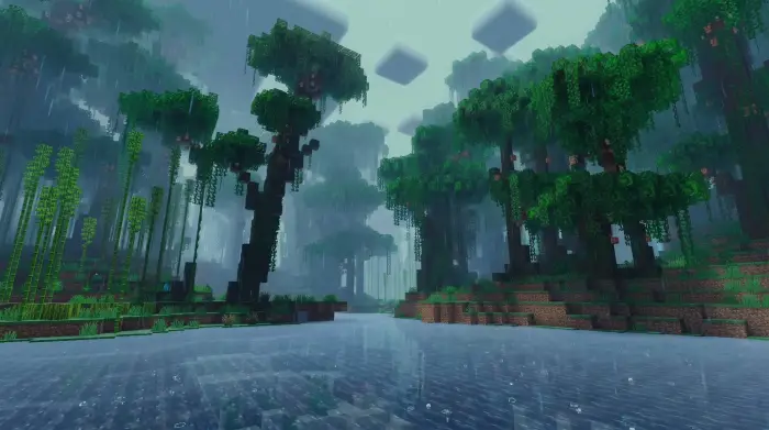 Rainy jungle scene with cinematic lighting